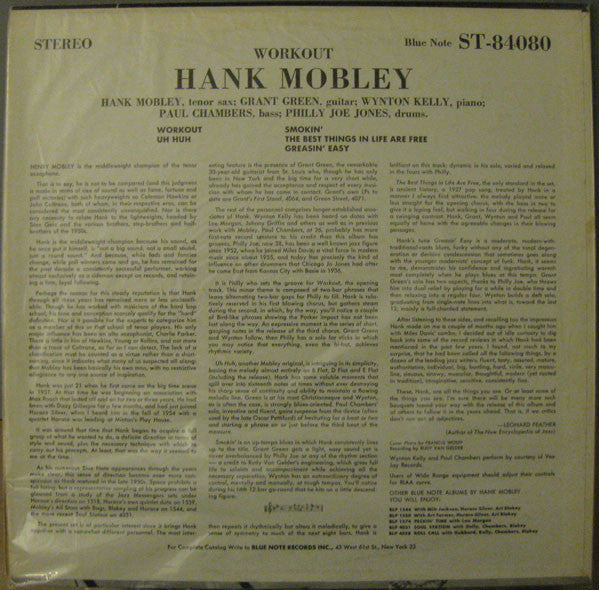 Hank Mobley – Workout - VG+ LP Record 1962 Blue Note Stereo USA NYC RVG P  Vinyl - Jazz / Hard Bop