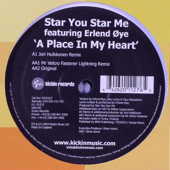 Star You Star Me (Featuring Erlend Oyo) - A Place In My Heart VG+ 12" Single 2004 Kickin UK - House - Shuga Records