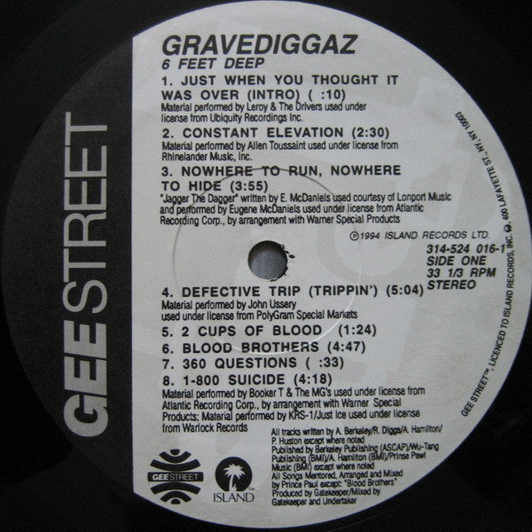 Gravediggaz – 6 Feet Deep - VG+ LP Record 1994 Gee Street Island