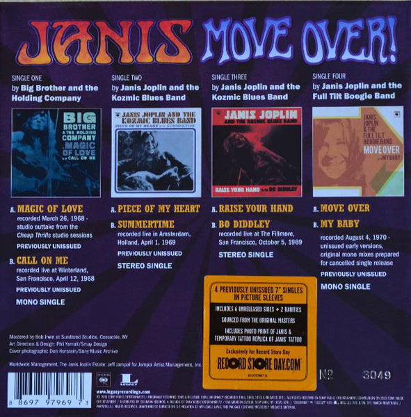 Janis Joplin ‎– Move Over! - New 4x 7" Record Store Day Box Set 2011 CBS USA Vinyl Numbered - Classic Rock / Blues Rock - Shuga Records