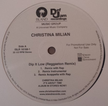 Christina Milian – Dip It Low (Reggaeton Remix) - VG+ 12" Single USA 2004 PROMO - Hip Hop, Reggae - Shuga Records