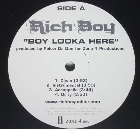 Rich Boy ‎– Boy Looka Here - New Vinyl Record 12" Single USA 2007 - Hip Hop - Shuga Records