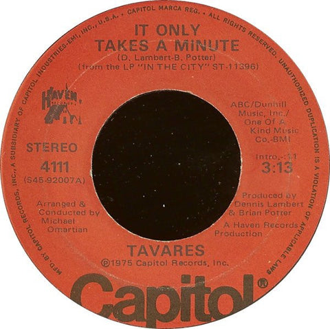 Tavares ‎– It Only Takes A Minute / I Hope She Chooses Me VG+ 7" Single 45 Record 1975 Capitol USA - Funk / Soul - Shuga Records