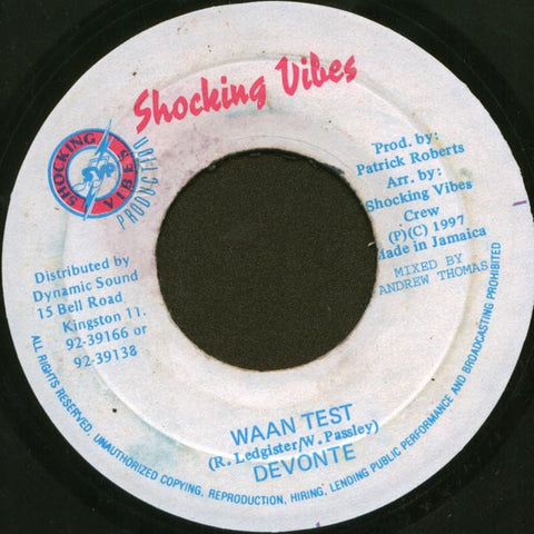 Devonte ‎– Waan Test / Cuss Cuss Riddim - VG+ 7" Single 45 rpm 1997 Shocking Vibes Jamaica - Reggae