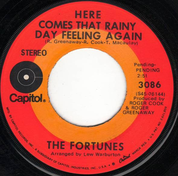 The Fortunes ‎– Here Comes That Rainy Day Feeling Again / I Gotta Dream VG  7" Single 45rpm 1971 Capitol USA - Rock