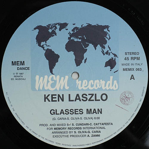 Ken Laszlo ‎– Glasses Man - VG 12" Single Record 1987 Italy Import Vinyl - Italo-Disco - Shuga Records