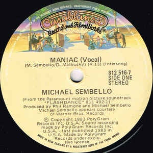 Michael Sembello - Maniac - VG+ 7" Single 45RPM 1983 Casablanca USA- Electronic / Hi NRG - Shuga Records