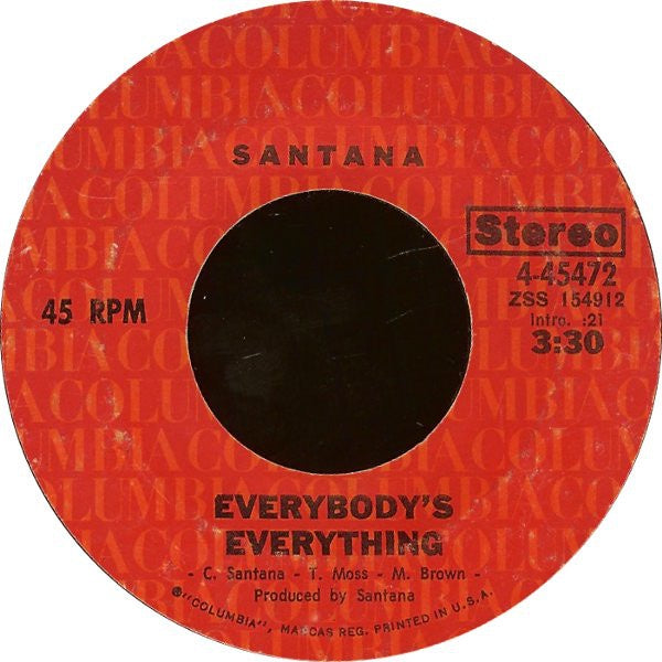 Santana ‎– Everybody's Everything/ Guajira -  VG 7" Single 45rpm 1971 Columbia USA - Rock - Shuga Records