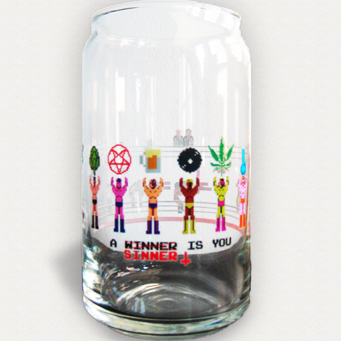 Shuga Records 2018 Weed & Beer Pro Wrestling NES 8-Bit 16 oz Libbey Can Beer Glass Drinkware - Shuga Records