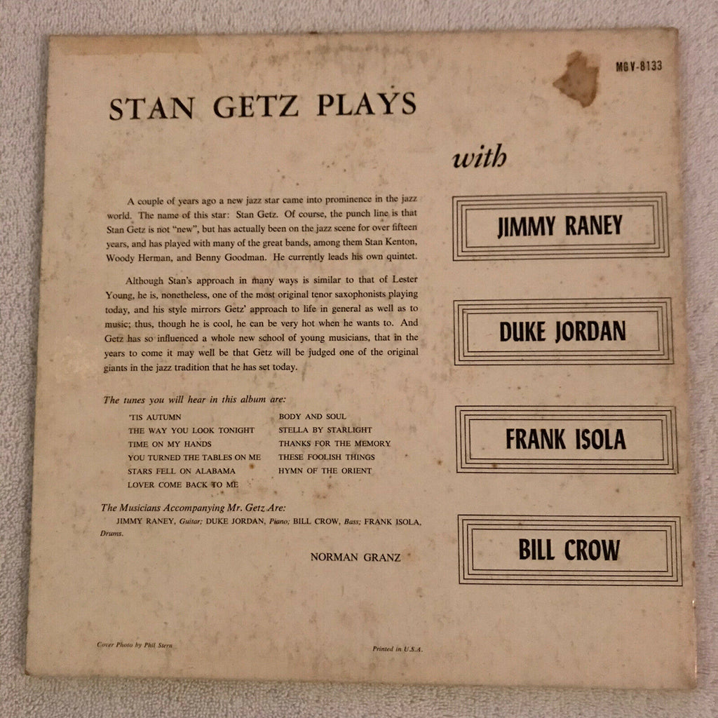 Stan Getz ‎– Stan Getz Plays - VG+ Lp Record 1957 Verve Clef USA